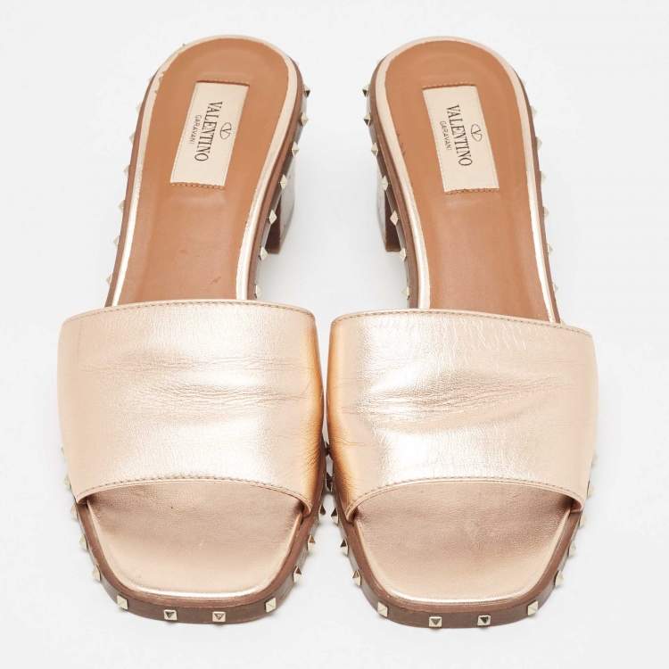 Pre Owned Valentino Metallic Leather Rockstud Open Toe Block Heel Slide Sandals Size 38.5
