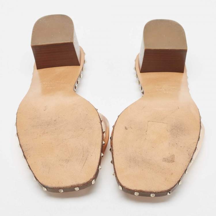Pre Owned Valentino Metallic Leather Rockstud Open Toe Block Heel Slide Sandals Size 38.5