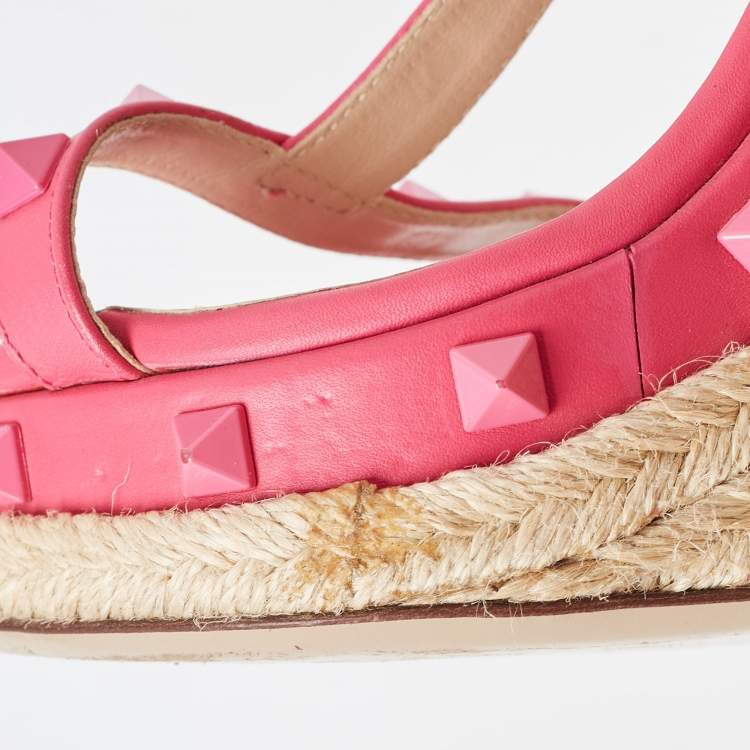 Pre Owned Valentino Pink Leather Rockstud  Wedge Ankle Sandals Size 38.5