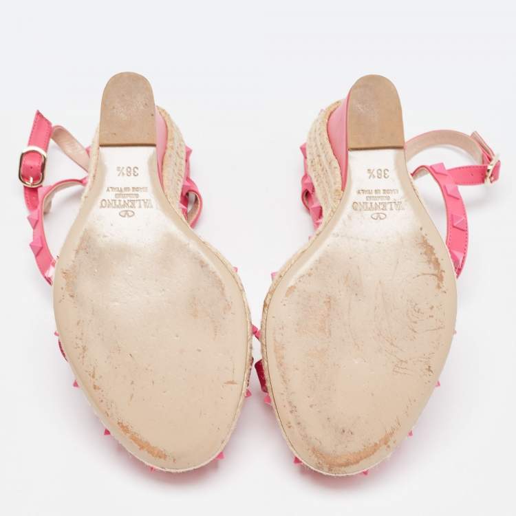 Pre Owned Valentino Pink Leather Rockstud  Wedge Ankle Sandals Size 38.5
