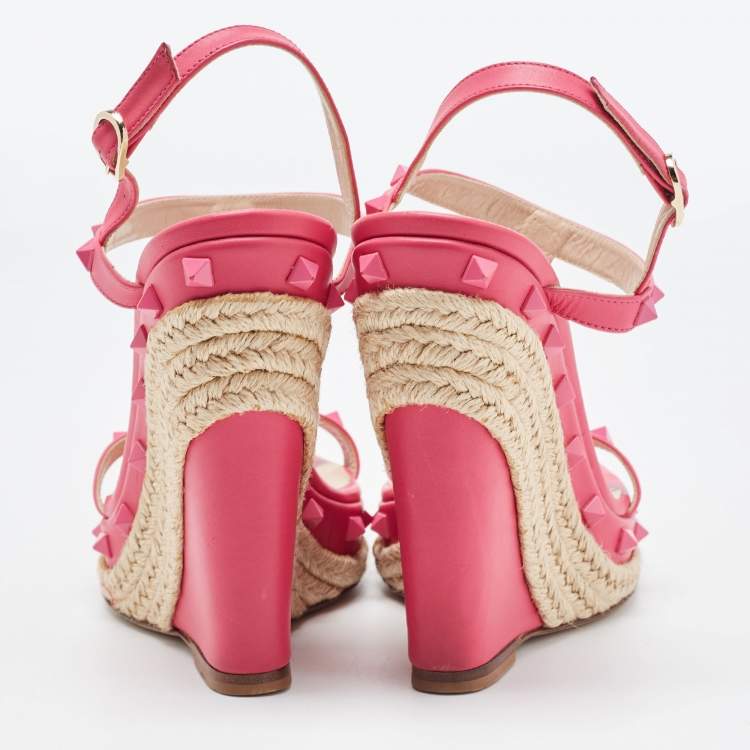 Pre Owned Valentino Pink Leather Rockstud  Wedge Ankle Sandals Size 38.5