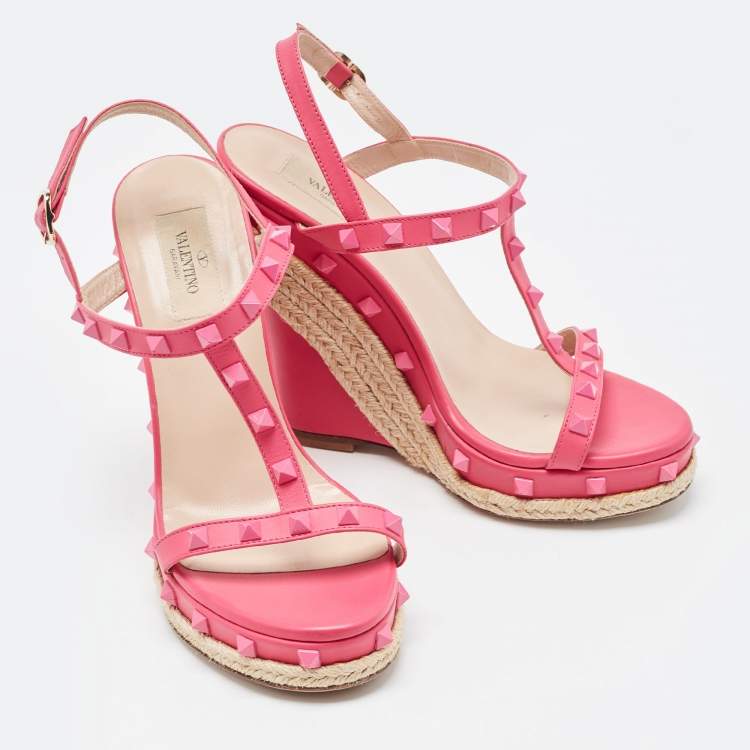 Pre Owned Valentino Pink Leather Rockstud  Wedge Ankle Sandals Size 38.5
