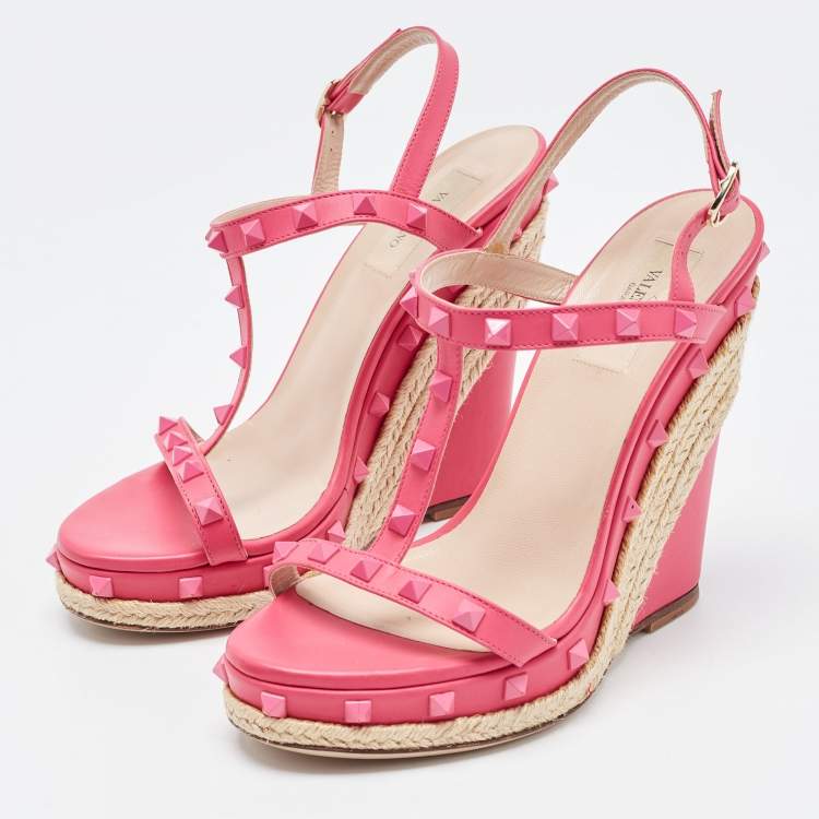 Pre Owned Valentino Pink Leather Rockstud  Wedge Ankle Sandals Size 38.5