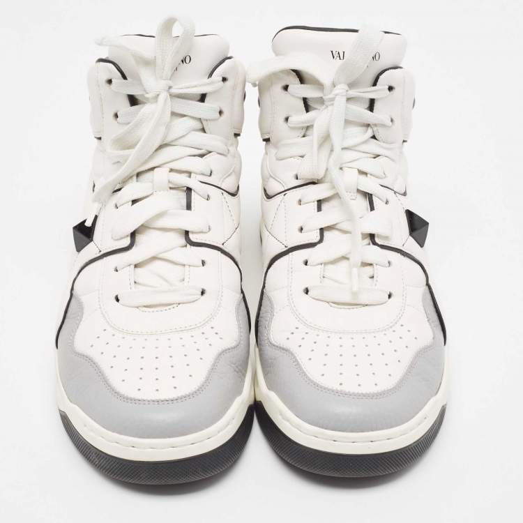 Pre Owned Valentino White/Black Leather Roman Stud High Top Sneakers Size 43