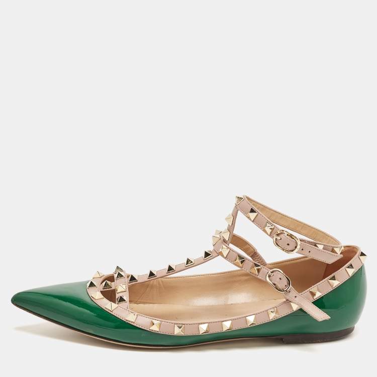 Pre Owned Valentino Green Patent Leather Rockstud Ankle Strap Ballet Flats Size 41