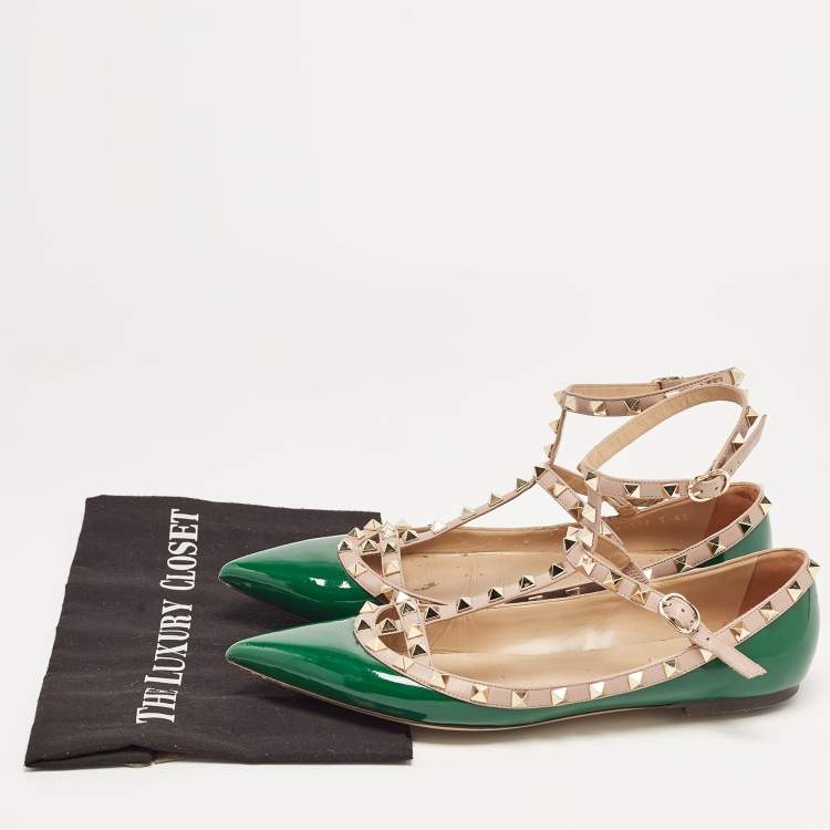 Pre Owned Valentino Green Patent Leather Rockstud Ankle Strap Ballet Flats Size 41