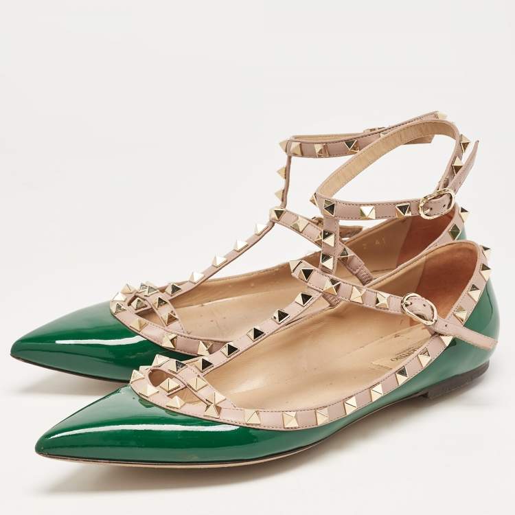 Pre Owned Valentino Green Patent Leather Rockstud Ankle Strap Ballet Flats Size 41