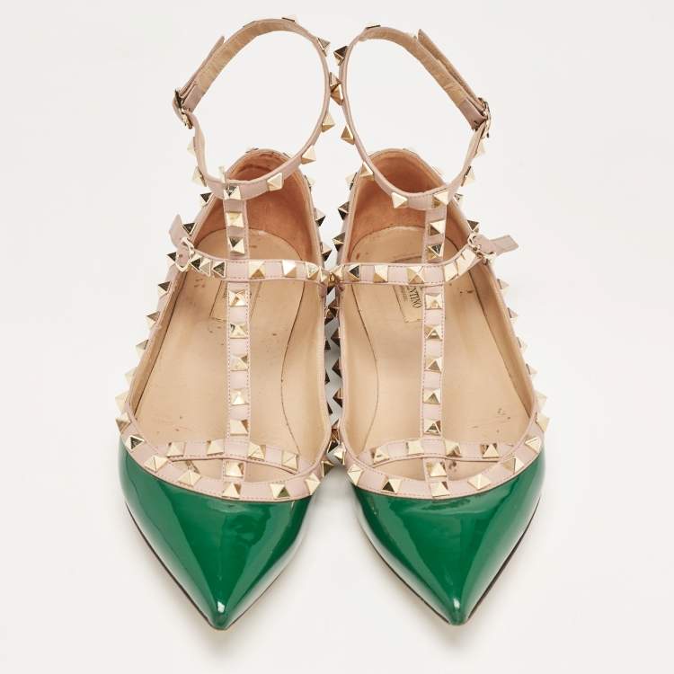 Pre Owned Valentino Green Patent Leather Rockstud Ankle Strap Ballet Flats Size 41