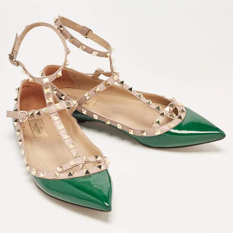 Pre Owned Valentino Green Patent Leather Rockstud Ankle Strap Ballet Flats Size 41