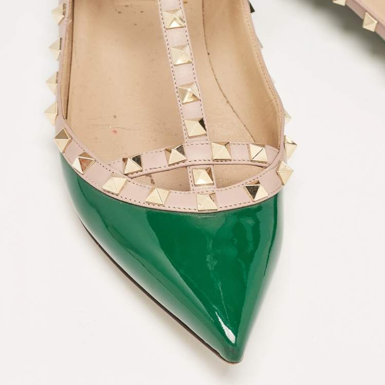 Pre Owned Valentino Green Patent Leather Rockstud Ankle Strap Ballet Flats Size 41