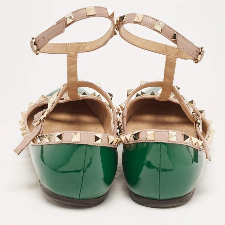 Pre Owned Valentino Green Patent Leather Rockstud Ankle Strap Ballet Flats Size 41