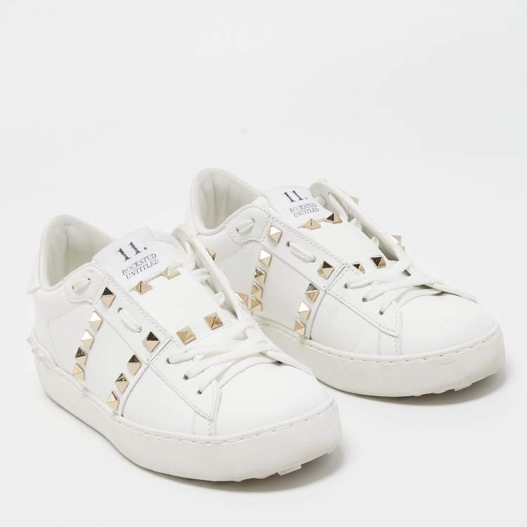 Pre Owned Valentino White Leather Rockstud Low Top Sneakers Size 35.5