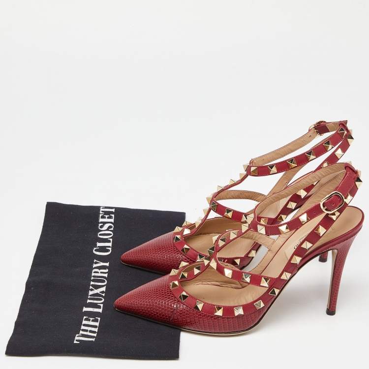 Pre Owned  Valentino Red Lizard and Leather Rockstud Pumps Size 37.5