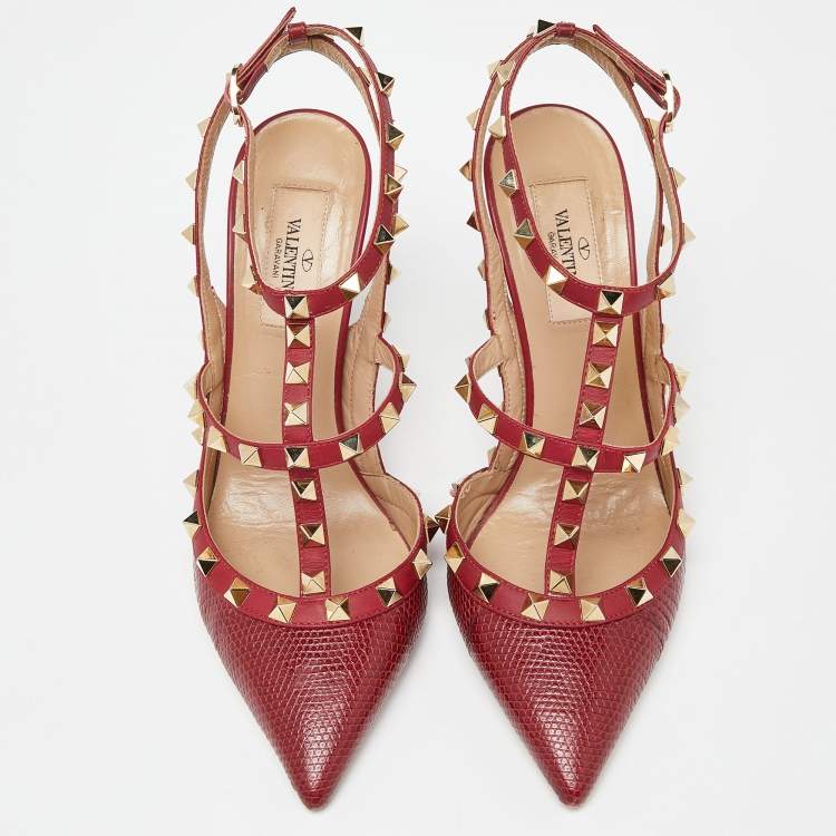 Pre Owned  Valentino Red Lizard and Leather Rockstud Pumps Size 37.5
