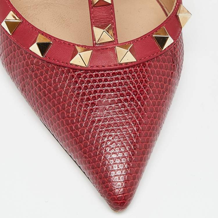 Pre Owned  Valentino Red Lizard and Leather Rockstud Pumps Size 37.5