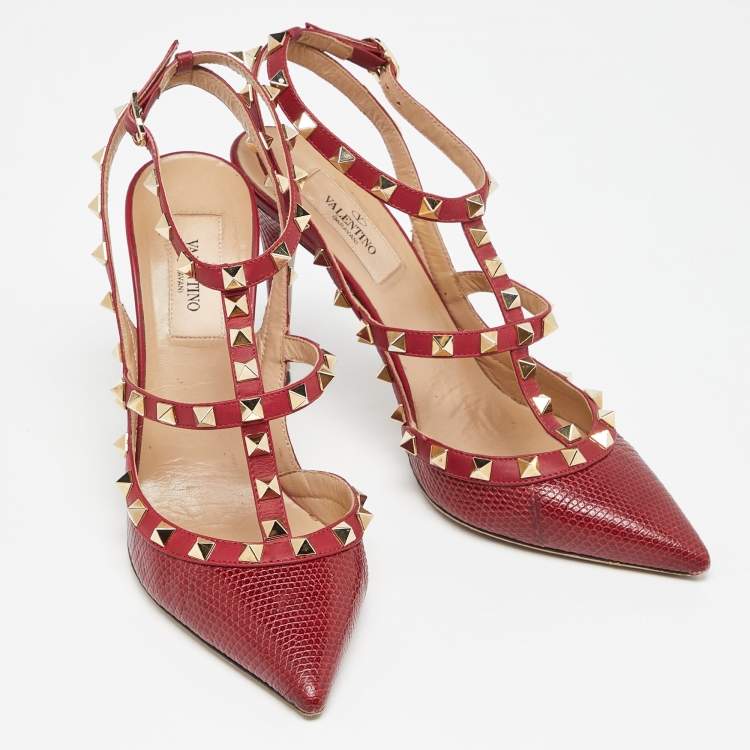 Pre Owned  Valentino Red Lizard and Leather Rockstud Pumps Size 37.5