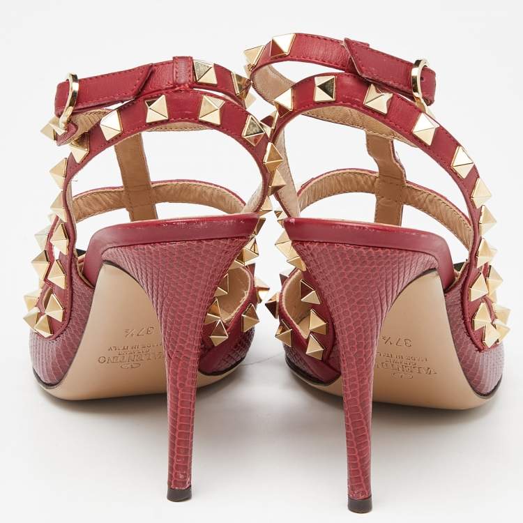 Pre Owned  Valentino Red Lizard and Leather Rockstud Pumps Size 37.5