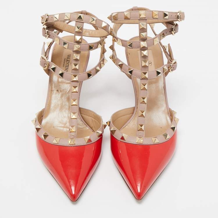Pre Owned Valentino Red/Beige Patent and Leather Rockstud Pumps Size 39