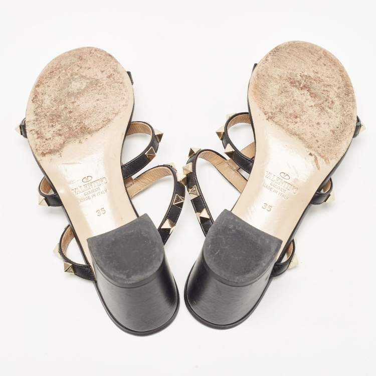 Pre Owned Valentino Black Leather Rockstud Slides Size 35 