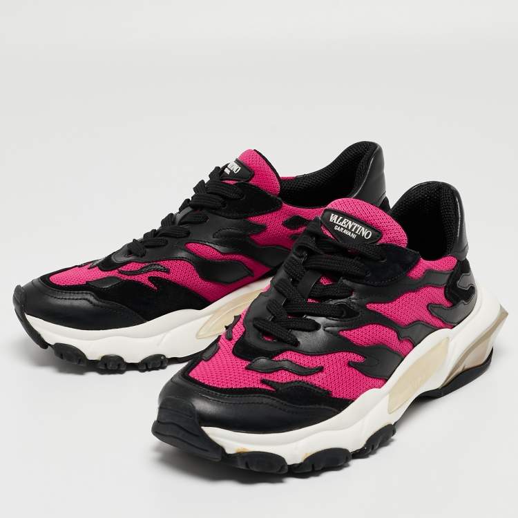 مملوكة مسبقًا Valentino Black/Pink Mesh and Leather Low Top Sneakers Size 38