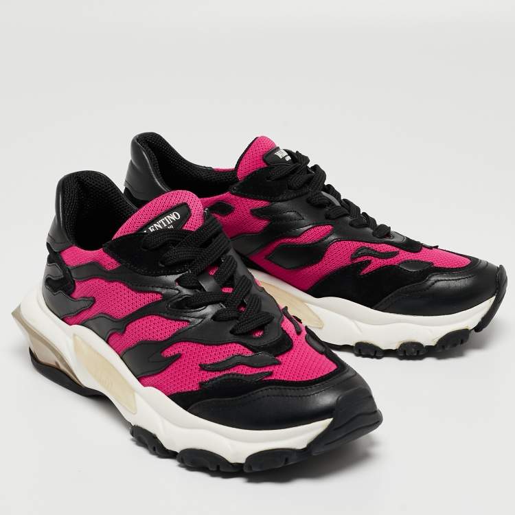 مملوكة مسبقًا Valentino Black/Pink Mesh and Leather Low Top Sneakers Size 38