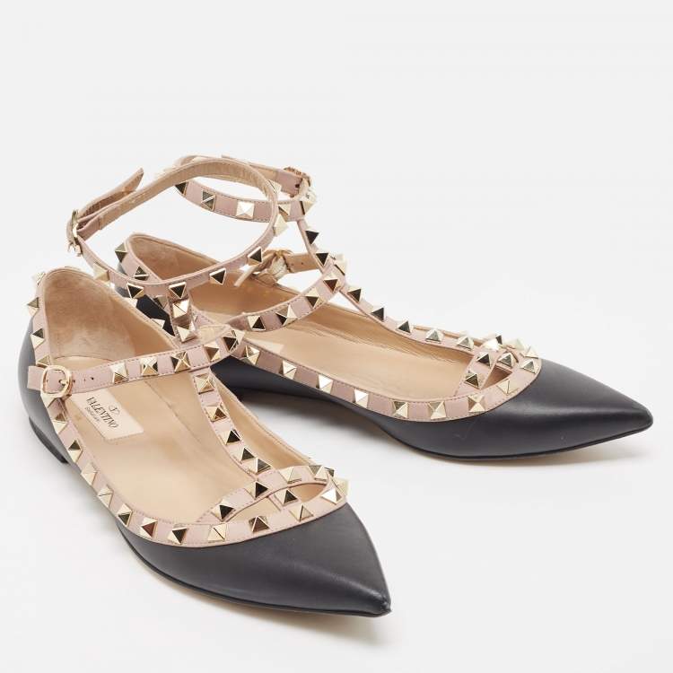 Pre Owned Valentino Black Leather Rockstud Ankle Strap Ballet Flats Size 38.5