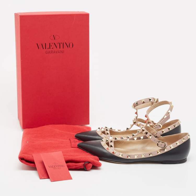 Pre Owned Valentino Black Leather Rockstud Ankle Strap Ballet Flats Size 38.5