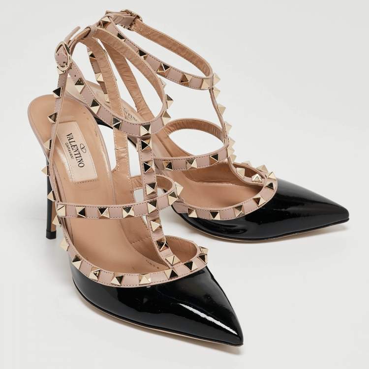 Pre Owned Valentino Black/Beige Patent Leather Rockstud Caged Ankle Strap Pumps Size 38