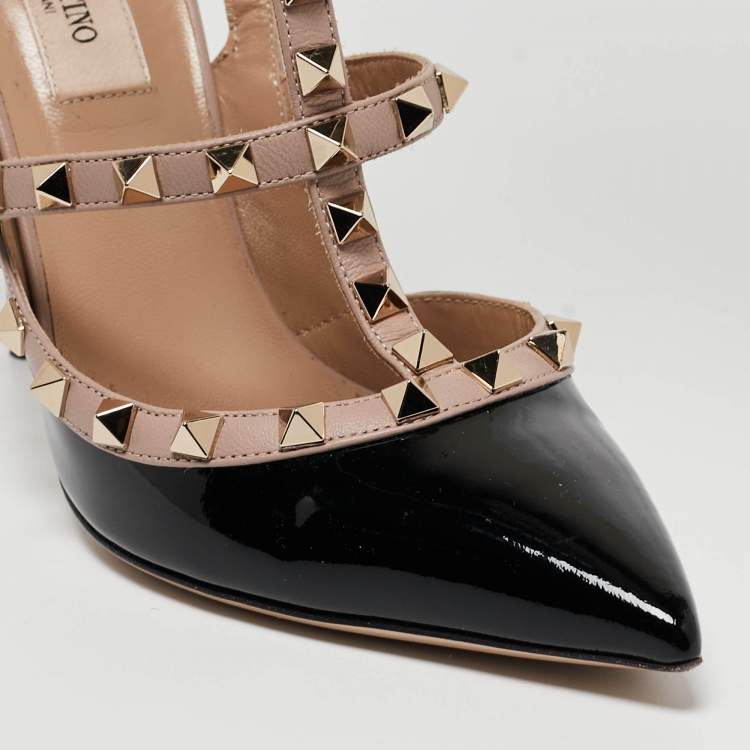 Pre Owned Valentino Black/Beige Patent Leather Rockstud Caged Ankle Strap Pumps Size 38