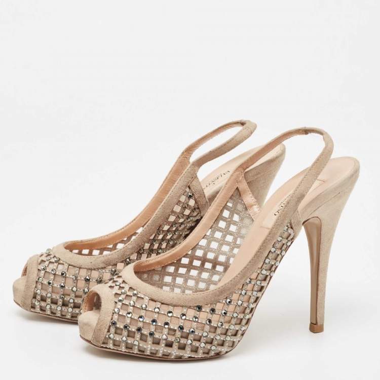 Pre Owned Valentino Beige Crystal Embellished Suede and Mesh Peep Toe Slingback Pumps Size 36.5