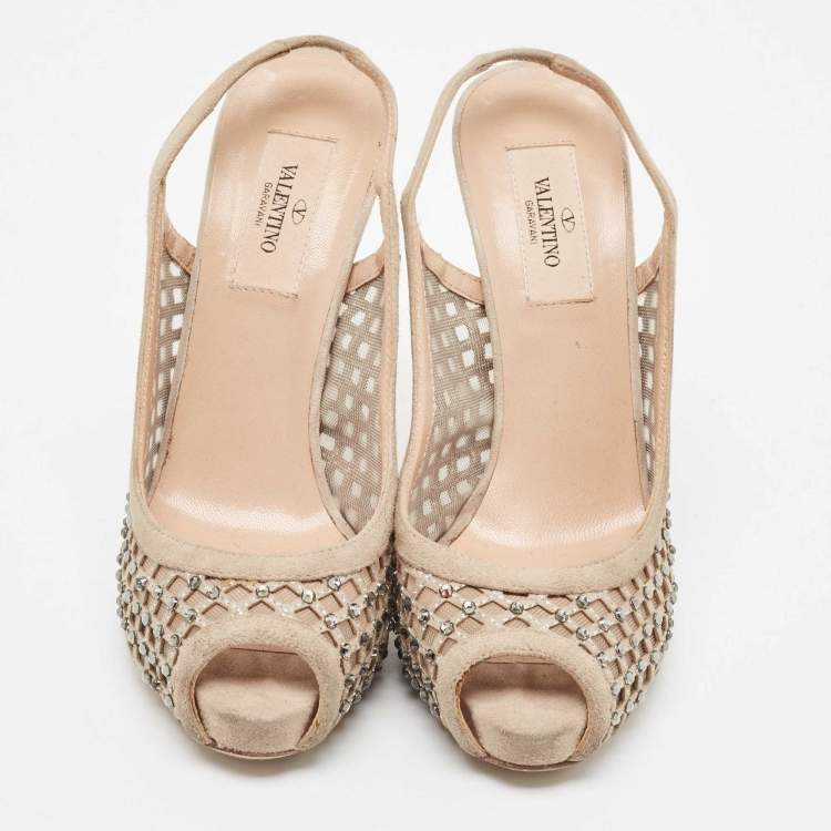 Pre Owned Valentino Beige Crystal Embellished Suede and Mesh Peep Toe Slingback Pumps Size 36.5