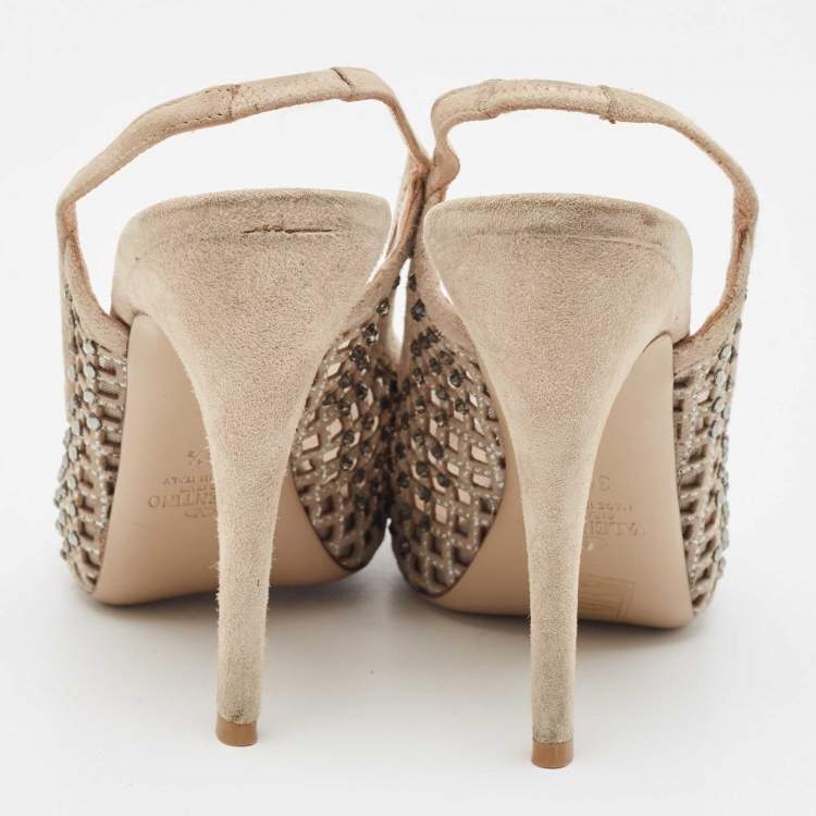 Pre Owned Valentino Beige Crystal Embellished Suede and Mesh Peep Toe Slingback Pumps Size 36.5