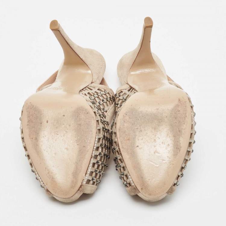 Pre Owned Valentino Beige Crystal Embellished Suede and Mesh Peep Toe Slingback Pumps Size 36.5