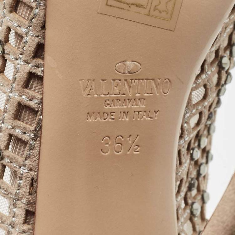 Pre Owned Valentino Beige Crystal Embellished Suede and Mesh Peep Toe Slingback Pumps Size 36.5