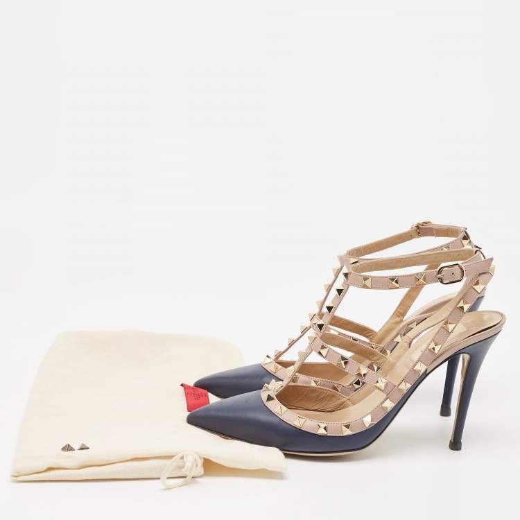 Pre Owned Valentino Navy Blue/Dusty Pink Leather Rockstud Ankle Strap Pumps Size 40