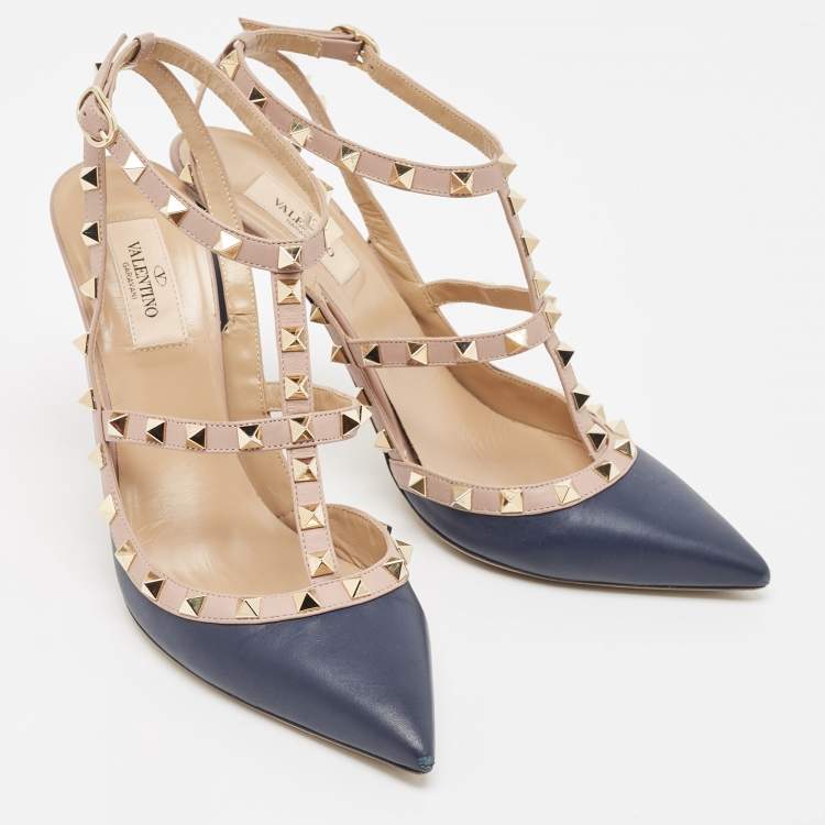 Pre Owned Valentino Navy Blue/Dusty Pink Leather Rockstud Ankle Strap Pumps Size 40