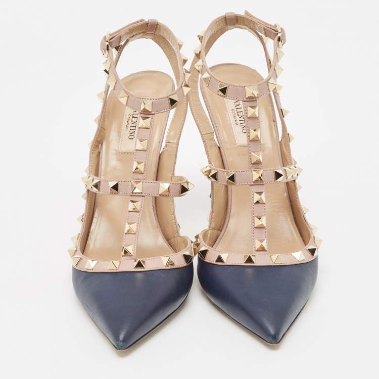 Pre Owned Valentino Navy Blue/Dusty Pink Leather Rockstud Ankle Strap Pumps Size 40