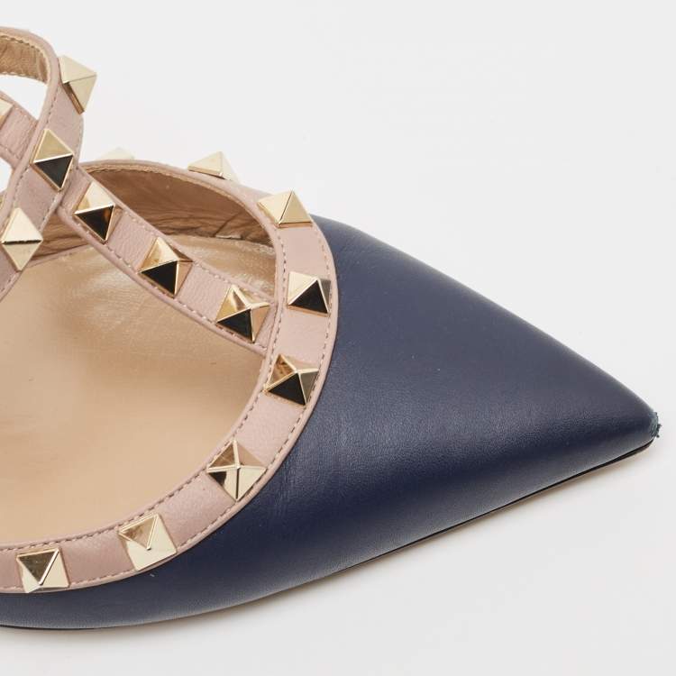 Pre Owned Valentino Navy Blue/Dusty Pink Leather Rockstud Ankle Strap Pumps Size 40
