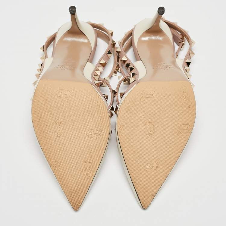 Pre Owned Valentino Off White/Dusty Pink Leather Rockstud Ankle Strap Pumps Size 38.5