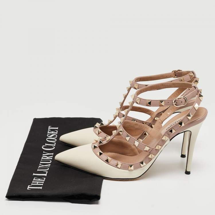 Pre Owned Valentino Off White/Dusty Pink Leather Rockstud Ankle Strap Pumps Size 38.5