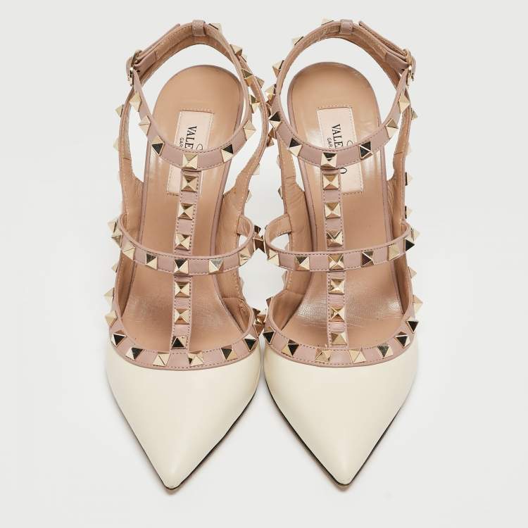 Pre Owned Valentino Off White/Dusty Pink Leather Rockstud Ankle Strap Pumps Size 38.5