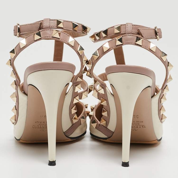 Pre Owned Valentino Off White/Dusty Pink Leather Rockstud Ankle Strap Pumps Size 38.5