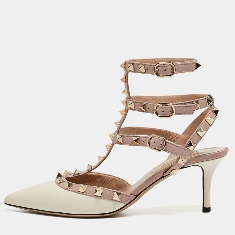 Pre Owned Valentino Off White/Dusty Pink Leather Rockstud Ankle Strap Pumps Size 35