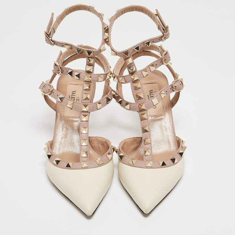 Pre Owned Valentino Off White/Dusty Pink Leather Rockstud Ankle Strap Pumps Size 35