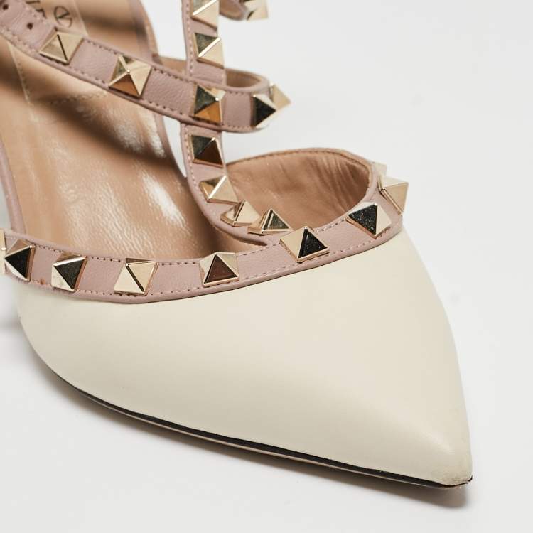 Pre Owned Valentino Off White/Dusty Pink Leather Rockstud Ankle Strap Pumps Size 35