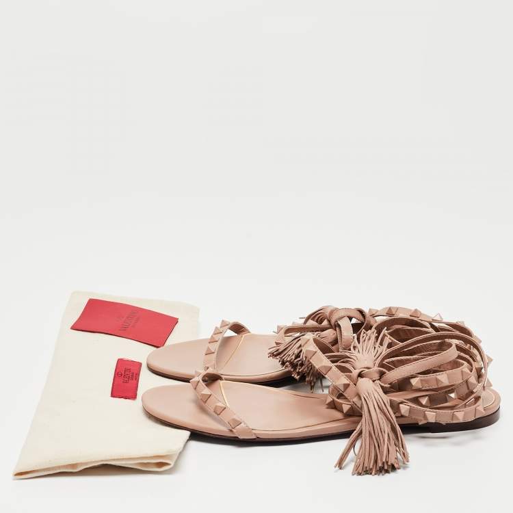 Pre Owned Valentino Beige Leather Rockstud Ankle Wrap Flats Size 40