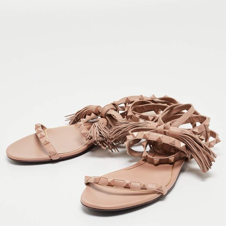 Pre Owned Valentino Beige Leather Rockstud Ankle Wrap Flats Size 40