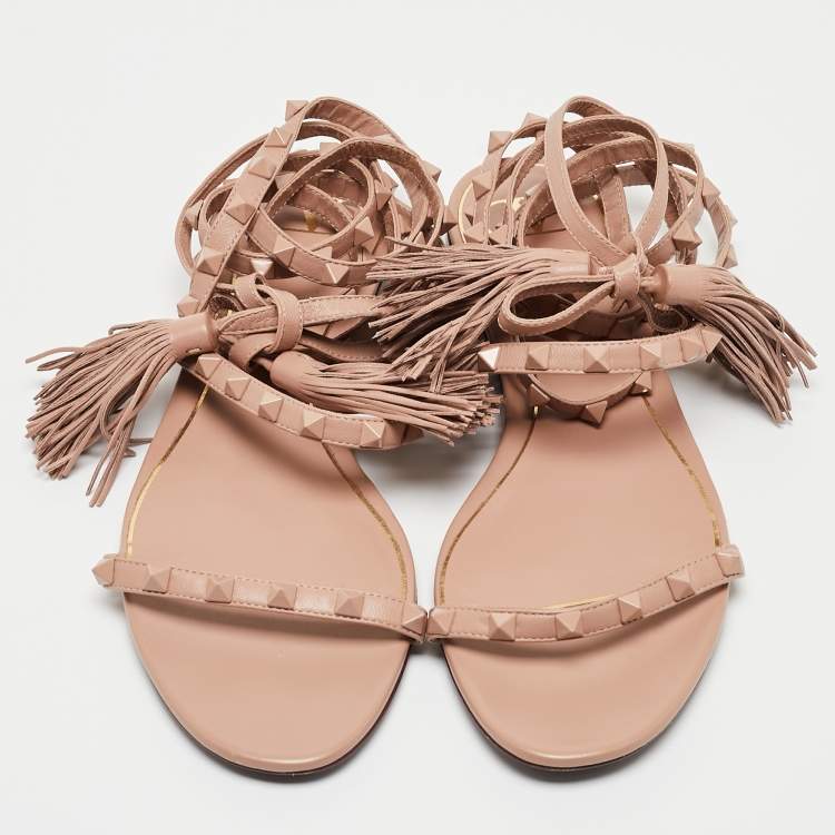 Pre Owned Valentino Beige Leather Rockstud Ankle Wrap Flats Size 40