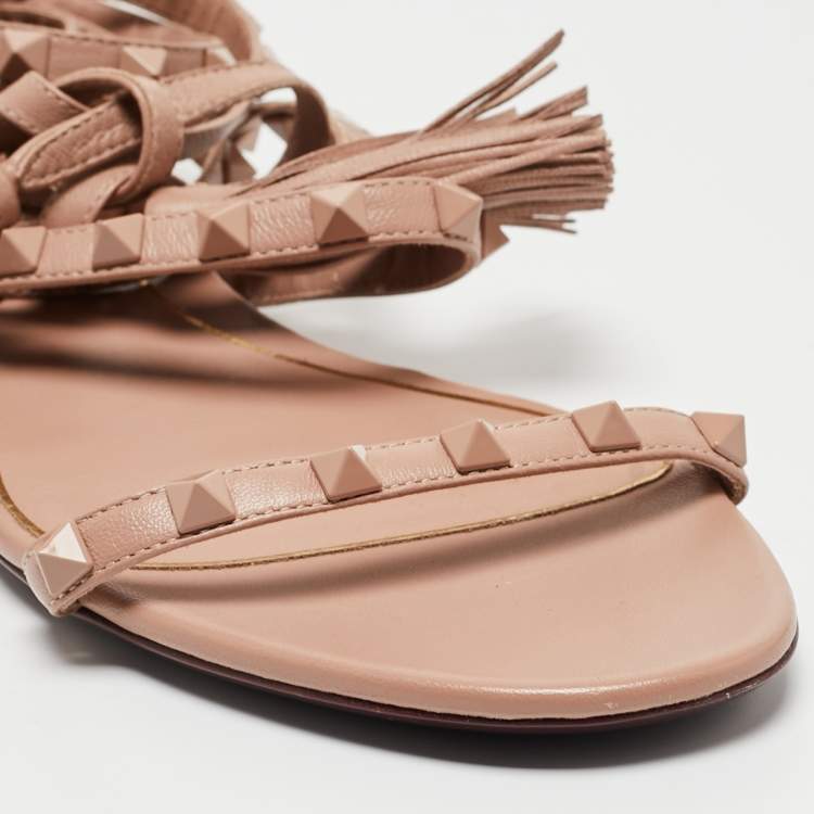 Pre Owned Valentino Beige Leather Rockstud Ankle Wrap Flats Size 40