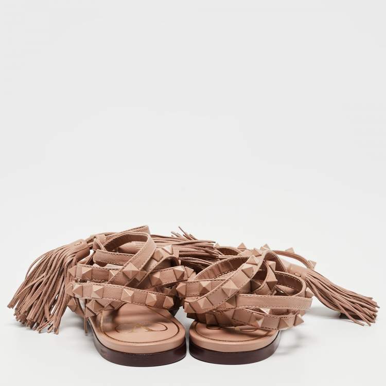 Pre Owned Valentino Beige Leather Rockstud Ankle Wrap Flats Size 40